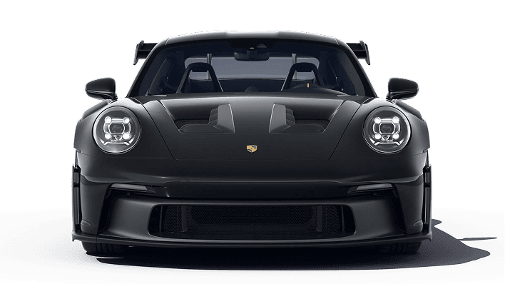 Przód czarnego Porsche GT3 w świetle lampy punktowej