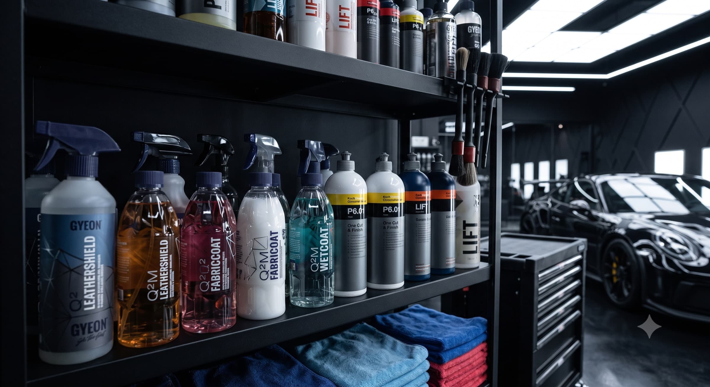 Półka z profesjonalną chemią detailingową w studiu