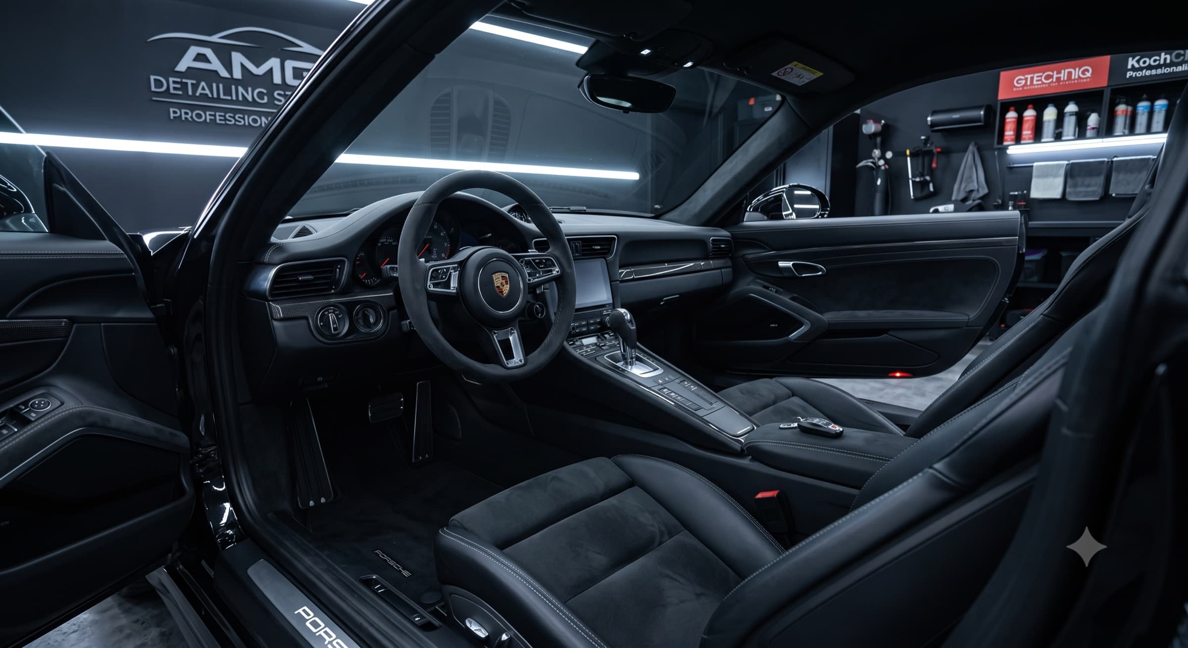 Wnętrze Porsche 911 z alcantarą po detailingu
