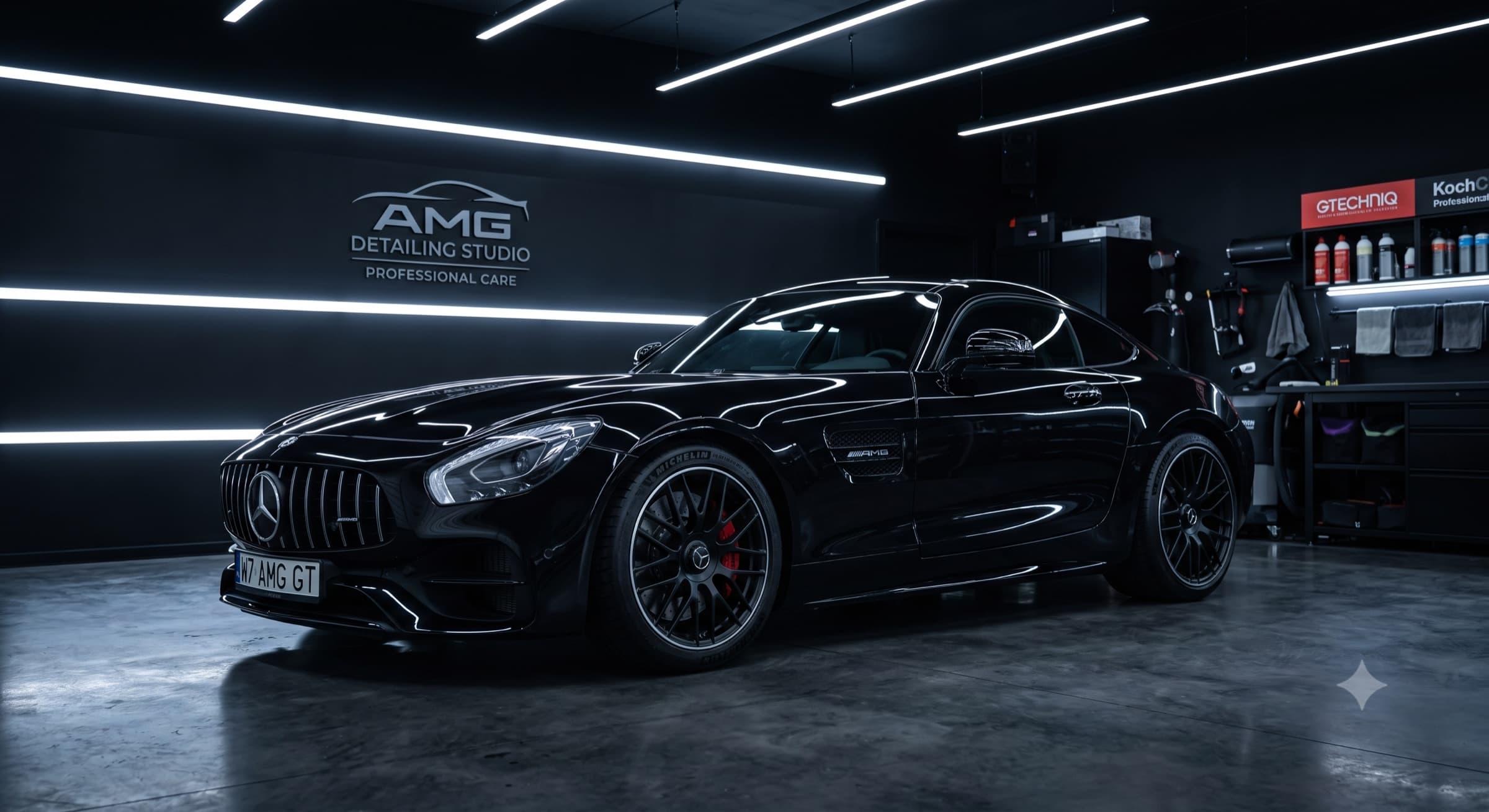 Czarny Mercedes AMG GT na stanowisku w hali studia